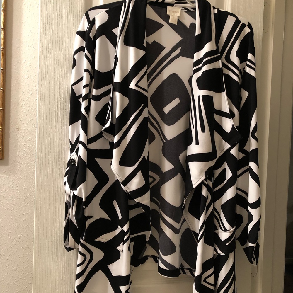 Chico’s black and white swing jacket.